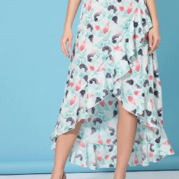 Women Floral Print Flared Light Blue Skirt-image-75