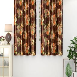 Aura Coffee Brown & Green Set of 2 Floral Room Darkening Window Curtain-7