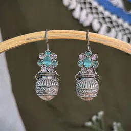 NAMAN ARTS Silver-Plated Oxidised Artificial Stones Studded Contemporary Drop Earrings-17