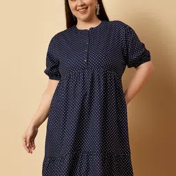 ANJIR Polka Dot Print Puff Sleeve Crepe A-Line Dress-image-24