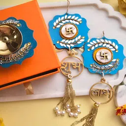 HOMEARTE 3Pcs Blue & Yellow Door Hangings & Diyas Gift Set-image-39