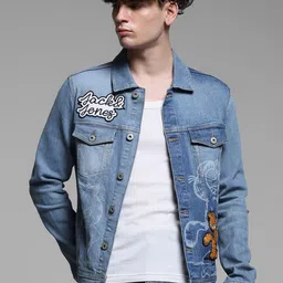 Jack & Jones Men Washed Colourblocked Crop Denim Jacket with Patchwork-6