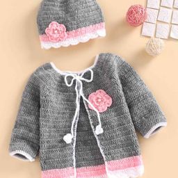 USHA ENTERPRISES Full Sleeves Floral Design Sweater With Cap - Grey & Pink-image-82