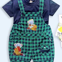 Dapper Dudes Half Sleeves Tee With Checkered Teddy Patch Dungaree - Green-image-54
