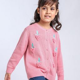 Babyoye Full Sleeves Cotton Front Open Sweater Grape Embroidery - Pink-image-65