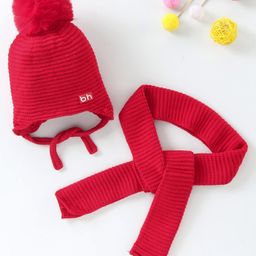 Babyhug Woollen Cap with Muffler Red - Diameter 11 cm-12