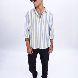 Eszett The Greek Vertical Striped Spread Collar Pure Cotton Shirt-image-37