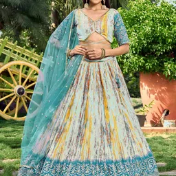 ETHNIC PLUS Embroidered Sequinned Semi-Stitched Lehenga & Unstitched Blouse With Dupatta-image-55