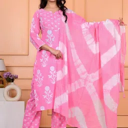 SKYTICK Women Floral Printed Cotton Kurta with Trousers & Dupatta-picture-4