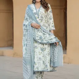 KALINI Floral Printed V Neck Pure Cotton Kurta With Trousers And Dupatta-image-17