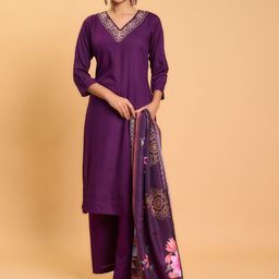 KALINI Floral Yoke Design Thread Work Pure Cotton Straight Kurta With Palazzos & Dupatta-4