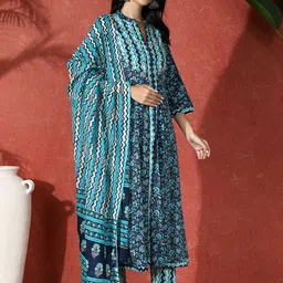 Sangria Printed & Embroidered Pure Cotton A-Line Kurta & Trouser With Dupatta image 3