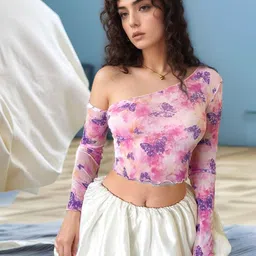 VANGULL Women Floral Printed One Shoulder Net Bardot Crop Top-picture-41