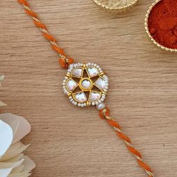 MERYCRAFT Unisex Orange & White Kundan Studded Thread Rakhi-3