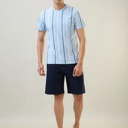 SleepZ by Raymond Striped Round Neck Pure Cotton T-Shirt With Shorts-picture-20