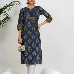 KALINI Floral Printed Notch Neck Pure Cotton Straight Kurta-picture-54