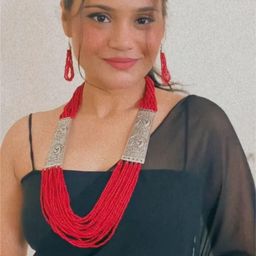 A Local Tribe Red Beaded Multi Layered Necklace Set with Metal Detailing-image-15