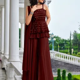 SANCIA Women Embroidered Layered Sequinned Kurti with Palazzos & With Dupatta-1