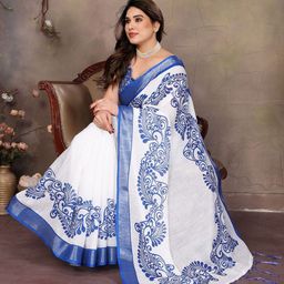 Shriyangan Ethnic Motifs Printed Zari Pure Linen Block Print Saree image 3