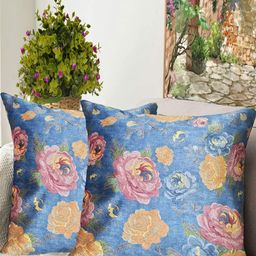 Blue Grass Blue & Yellow 2 Pieces Floral Printed Velvet Square Cushion Covers-image-64