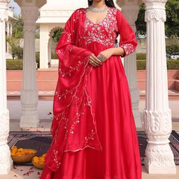 KALINI Floral Embroidered Gotta Patti Art Silk Semi-Stitched Dress Material-picture-24