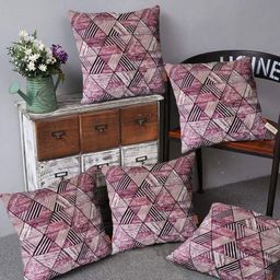 Blue Grass Pink & Black 5 Pieces Geometric Printed Velvet Square Cushion Covers-image-42