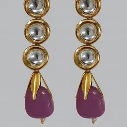 VANSHIKA JEWELS Gold-Plated & Purple Brass Kundan Diamond Shaped Earrings-picture-19