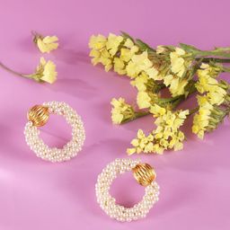 DressBerry Gold-Plated Artificial Beads Circular Shaped Drop Earrings-9