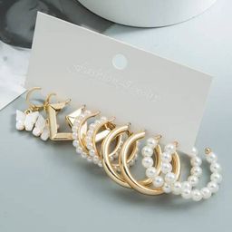 Celestique Set Of 5 Pearls Beaded Contemporary Shaped Hoop Earrings-10