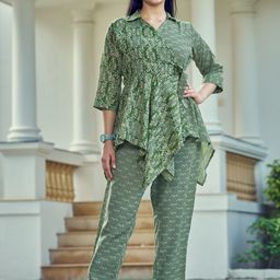 Kesudi Printed Shirt Collar Asymmetrical Tunic & Trousers-picture-22