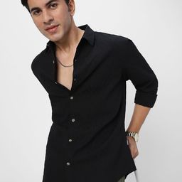 Urbano Fashion Men Spread Collar Textured Cotton Casual Shirt-image-99