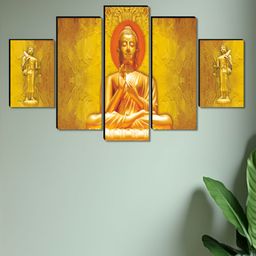Aura Beige & Orange 5 Pieces Wooden Buddha Religious Wall Art-image-67