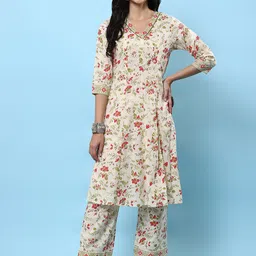 Shree Floral Printed V-Neck Pure Cotton A-Line Kurta With Trousers-picture-25
