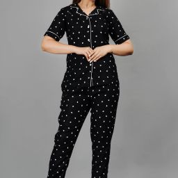 Women Shirt & Pyjama set Black, White Printed-image-4