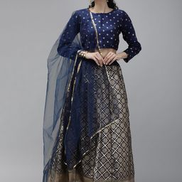 DIVASTRI Navy Blue & Golden Unstitched Lehenga & Blouse With Dupatta-image-55
