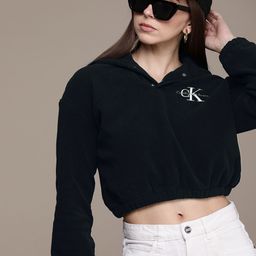 Calvin Klein Jeans Solid Long Sleeves Hooded Crop Casual Sweatshirt-image-7