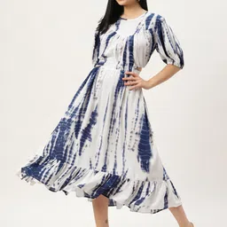 Rue Collection Women White & Blue Tie and Dye A-Line Midi Dress-image-91