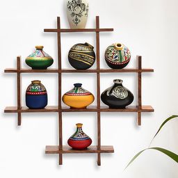 ExclusiveLane Set of 8 Handcrafted Terracotta Warli Handpainted Pots & Wooden Wall Frame-image-63