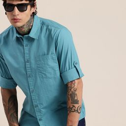 HERE&NOW Pure Cotton Roll-Up Sleeves Casual Shirt-image-63