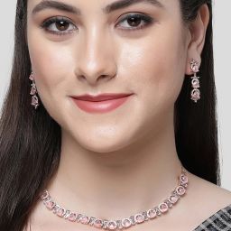 Karatcart Rose Gold-Plated Pink Triangular Cubic Zirconia Studded Necklace Set for Women image 2