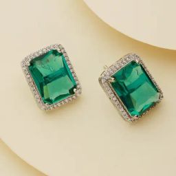 Priyaasi Green Block American Diamond Silver-Plated Stud Earrings-7