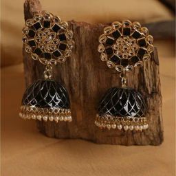 Aatmana Black & White Gold-Plated Hand Painted Beaded Dome Shaped Jhumki for Women-13