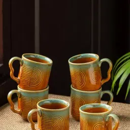 ExclusiveLane 'Peacock Boulevard' Hand-Engraved Ceramic Coffee & Tea Cups (Set of 6, 180 ML)-2
