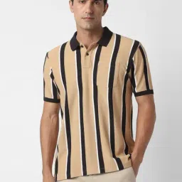 Peter England Beige Regular Fit Striped Polo T-Shirt-image-56