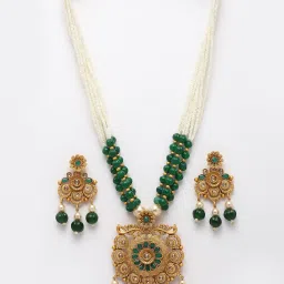 Panash Gold Plated Green & White Stone Studded & Pearl Beaded Jewellery Set image 3