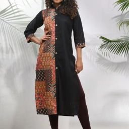 CHARUKRITI Black Cotton Printed Straight Kurta-image-48