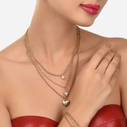 Zaveri Pearls Gold Tone 3 Layers Contemporary Heart Charm Necklace Earring & Bracelet Set-ZPFK12081-86