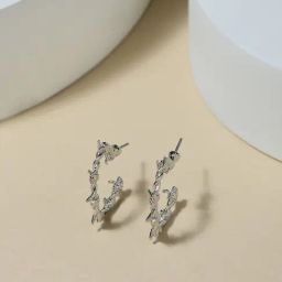ToniQ Rhodium Plated Circular Half Hoop Earrings-image-4