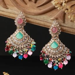 Priyaasi Studded Multicolor Leaf Design Beaded Gold-Plated Dangler Earrings-picture-28
