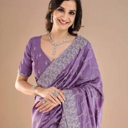 Saree Mall Lavendar Silk Embroidery Saree with Blouse Piece-image-10